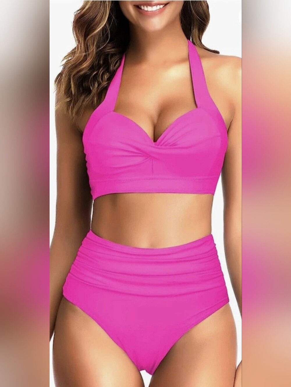 Tempt Me Ruched Tummy Control High-Waist Halter Bikini Set Hot Pink Size XL